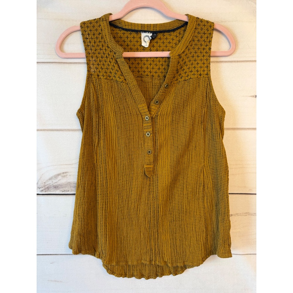 Anthropologie Akemi + Kin Mustard Yellow Embroidered Gauze Henley Blouse Small